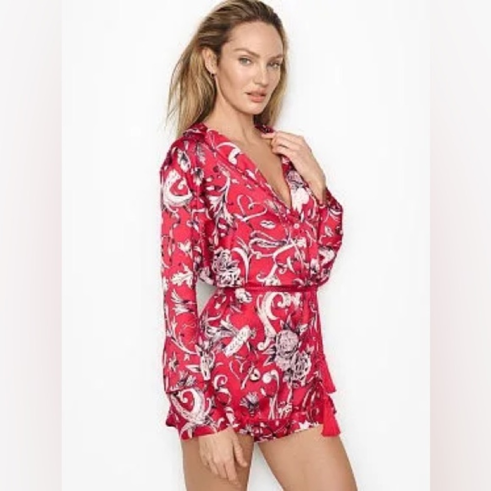 Victoria’s Secret Red Satin Tie Waist Valentines Pajama Romper